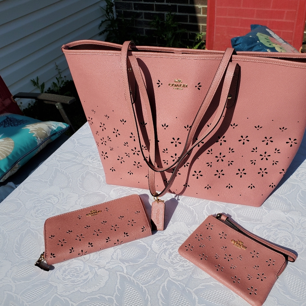 Coach Pink Lasercut Tote with Accessories